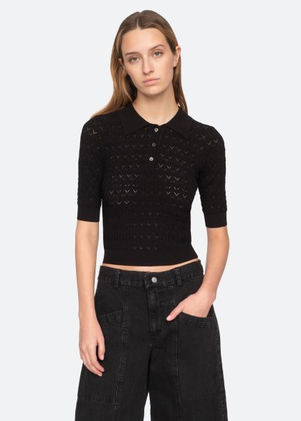 Sea New York Rue Polo Sweater Black|Cream Slashed Women Sweaters