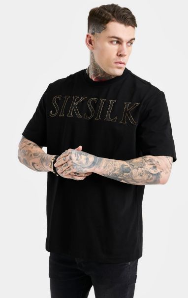 T-Shirts Sik Silk Black Oversized Rhinestone Logo T-Shirt Men