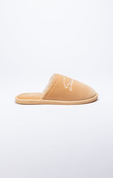 Men Sik Silk Trainers Beige Slipper With Embroidered Logo