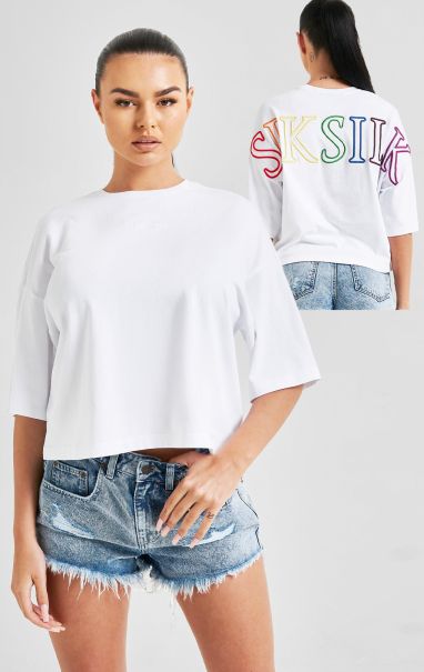 White Branded Crop T-Shirt Rainbow T-Shirts Sik Silk Women