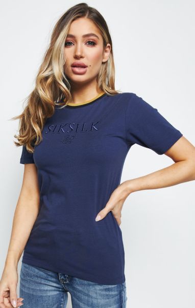 T-Shirts Siksilk Rib Knit Collar Ringer Tee - Navy Sik Silk Women
