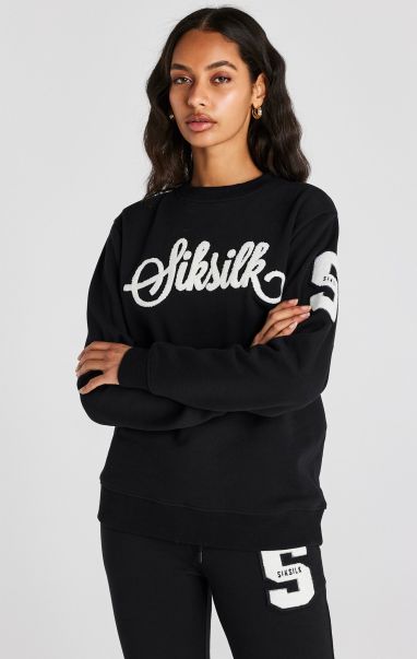 Women Sik Silk Hoodies Black Varsity Logo Sweatshirt