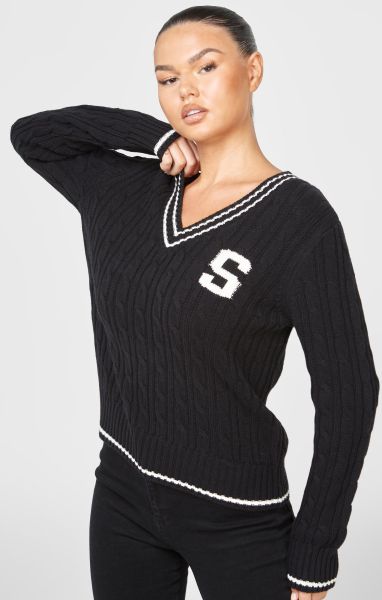 Sik Silk Women Hoodies Black Varsity Cable Knit Sweater
