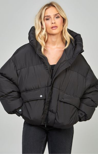 Jackets Women Sik Silk Black Oversized Padded Coat