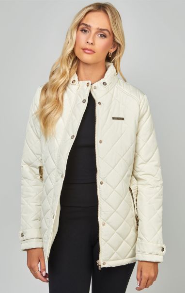Cream Belted Quilted Jacket Sik Silk Women Jackets
