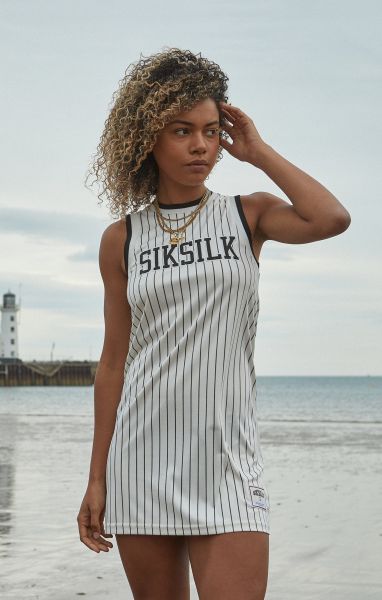 Sik Silk Ecru Basketball Pinstripe Dress Women Dresses