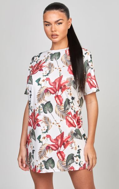 Women Sik Silk Dresses Multi Retro Tropics Print T-Shirt Dress