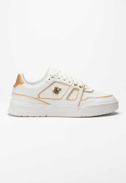 Women Trainers White And Gold Trimmed Low Top Court Trainer Sik Silk