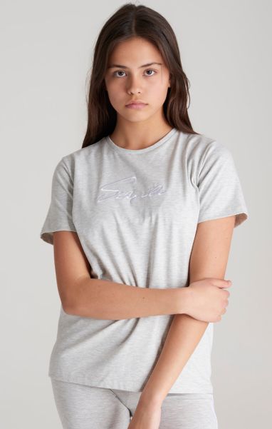 Juniors Girls Grey Marl Signature Boyfriend T-Shirt T-Shirts Sik Silk