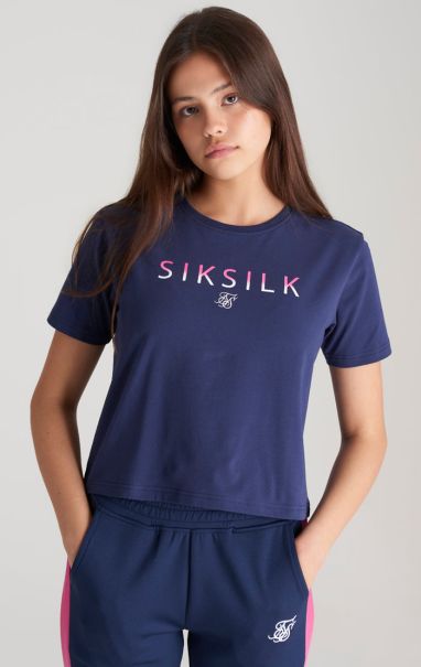 Girls Navy Fade Logo Cropped T-Shirt T-Shirts Sik Silk Juniors