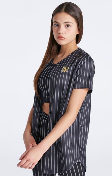 Girls Black Baseball Stripe Jersey Sik Silk T-Shirts Juniors