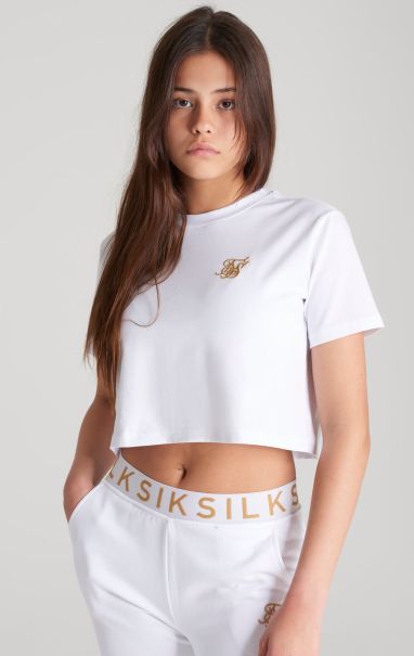 Girls White Logo Cropped T-Shirt Juniors Sik Silk T-Shirts