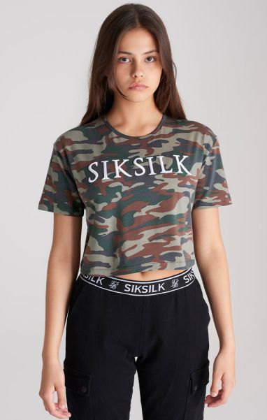 T-Shirts Girls Khaki Camo Cropped T-Shirt Juniors Sik Silk