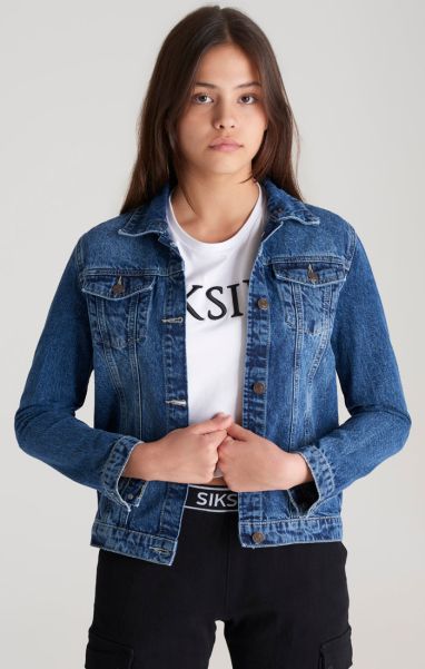 Sik Silk Jackets Juniors Girls Midstone Denim Hooded Jacket
